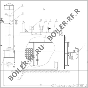 Чертеж парового котла 300 кг/ч газового вид сбоку